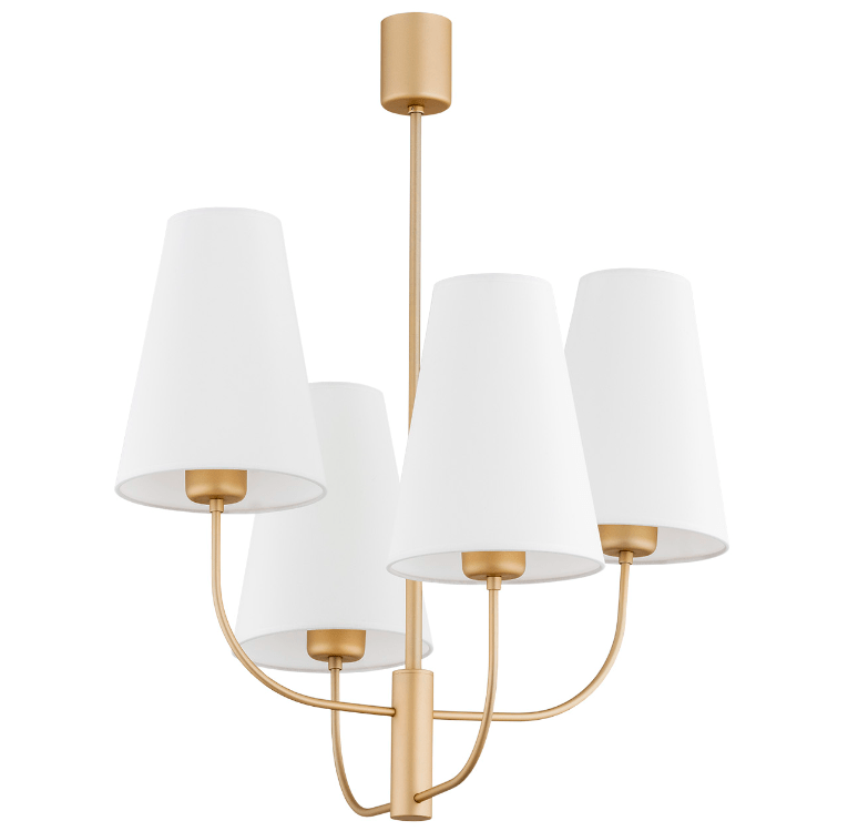 Pięcioramienny złoty żyrandol Safiano z białymi abażurami