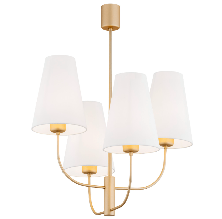 Pięcioramienny złoty żyrandol Safiano z białymi abażurami