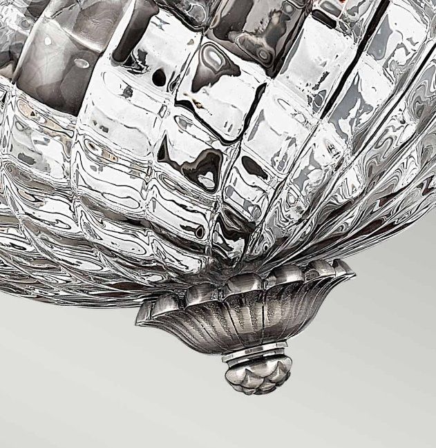 Antyczny plafon Plantation z niklowaną oprawą i szklanym kloszem o średnicy 30 cm