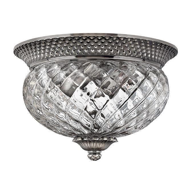 Antyczny plafon Plantation z niklowaną oprawą i szklanym kloszem o średnicy 30 cm