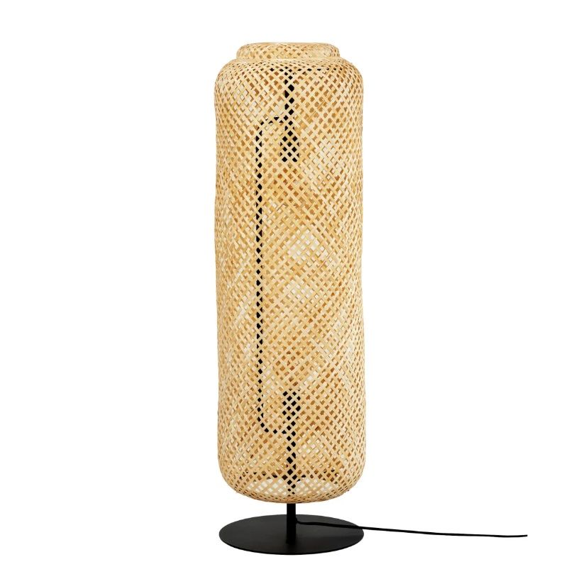 Boho lampa stojąca Boom, wykonana ręcznie z plecionego bambusa