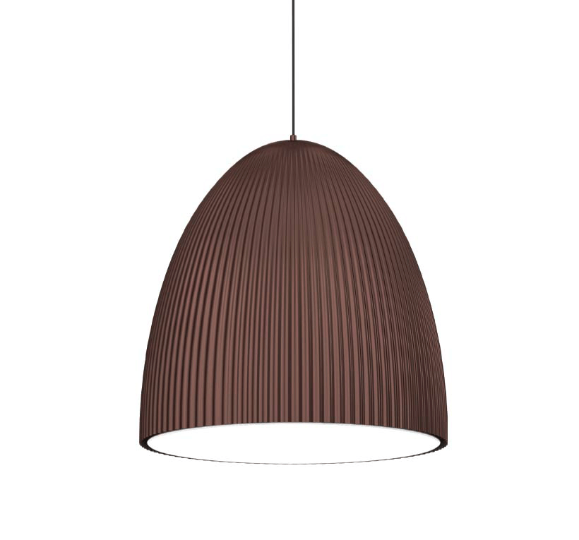 Brązowa wisząca lampa Gandra z ryflowanym kloszem wykonanym z laminatu poliestrowego