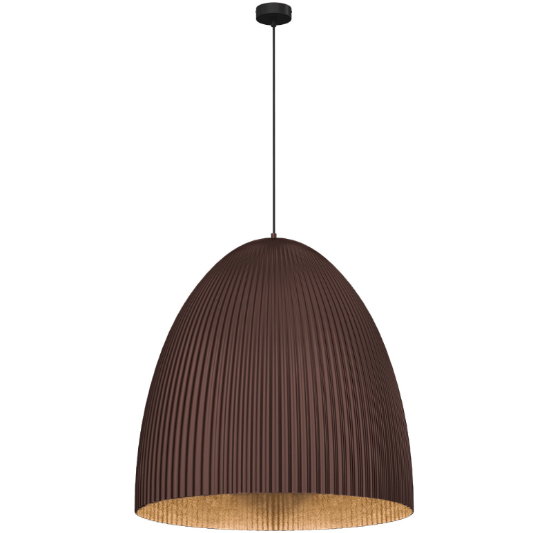 Brązowa wisząca lampa Gandra z ryflowanym kloszem wykonanym z laminatu poliestrowego