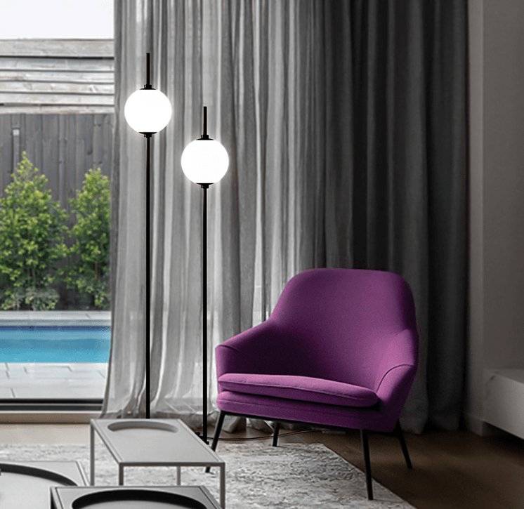 Czarna lampa podłogowa The Sixth Sense LED z dwiema białymi kulami do salonu