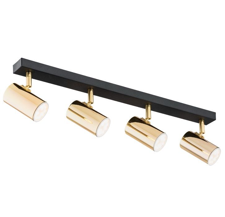 Czarna, podłużna lampa sufitowa Lagos z czterema złotymi reflektorkami