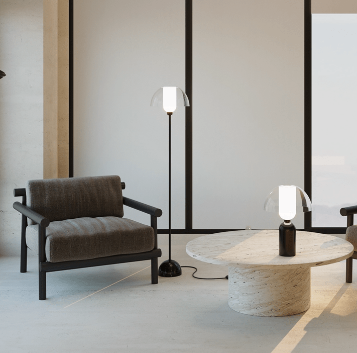 Czarna stojąca lampa Memory w kształcie grzybka z ceramiczną podstawą i szklanym kloszem