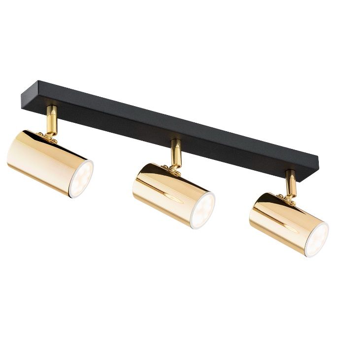 Długa natynkowa oprawa Lagos z trzema złoto-czarnymi reflektorami