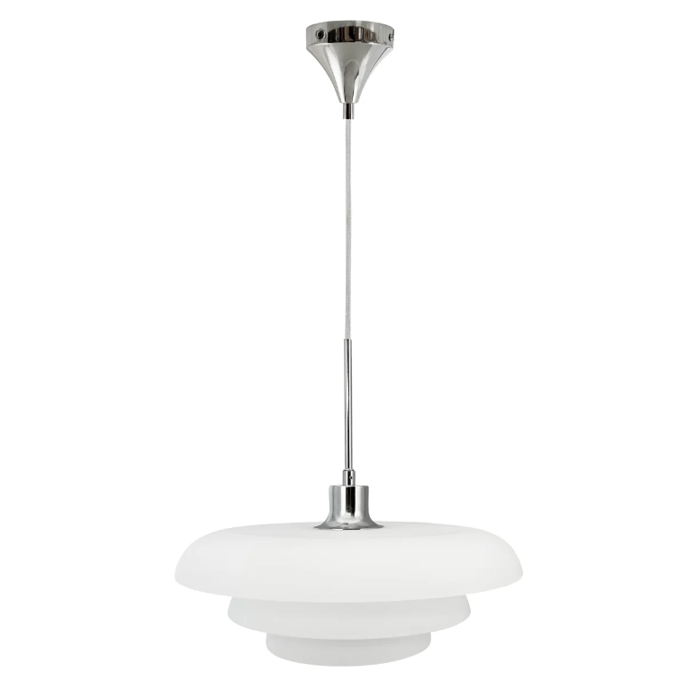 Duża wisząca lampa AVA 40 w białym kolorze ze srebrną podsufitką do salonu nad stół