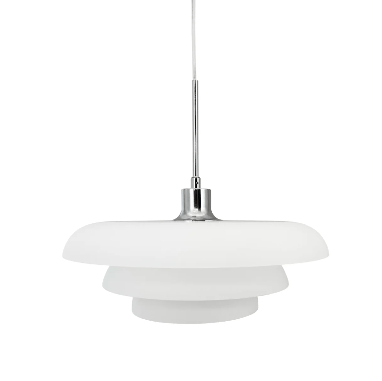 Duża wisząca lampa AVA 40 w białym kolorze ze srebrną podsufitką do salonu nad stół