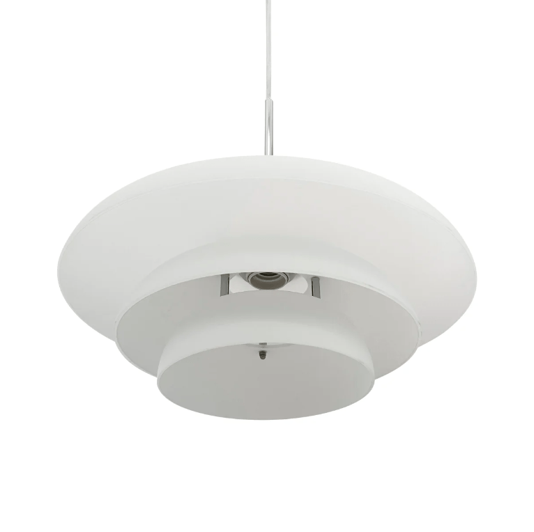 Duża wisząca lampa AVA 40 w białym kolorze ze srebrną podsufitką do salonu nad stół