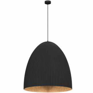 Czarna, duża, wisząca lampa Gandra, plisowana ze złotym wnętrzem, nowoczesna, do kuchni, nad wyspę, stół.