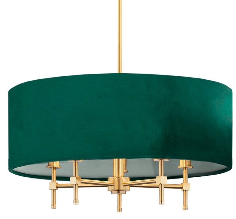 Elegancki żyrandol Abbano z zielonym welurowym abażurem i złotą ramą