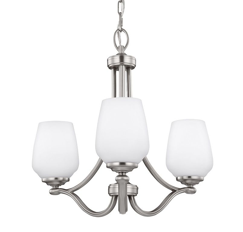 Elegancki żyrandol Vintner 3 w kolorze satynowego niklu z opalowymi kloszami w srebrnym wykończeniu