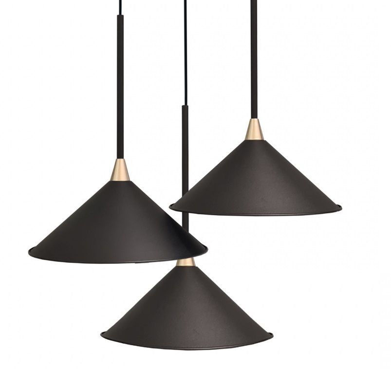 Industrialny żyrandol Merto 3 z czarnymi stożkowymi kloszami nad stół