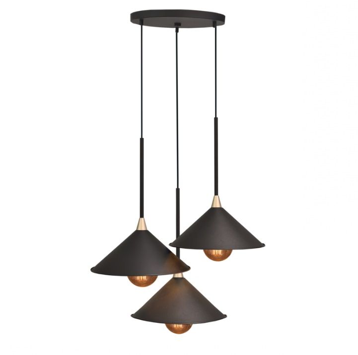 Industrialny żyrandol Merto 3 z czarnymi stożkowymi kloszami nad stół