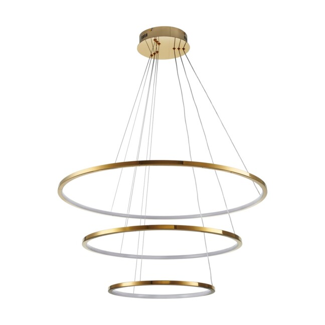 Elegancka, duża, złota lampa sufitowa. Składa się z trzech złotych pierścieni wiszących na linkach.