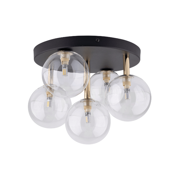 Czarno-złota lampa sufitowa Nilos z przezroczystymi kloszami w kształcie kul