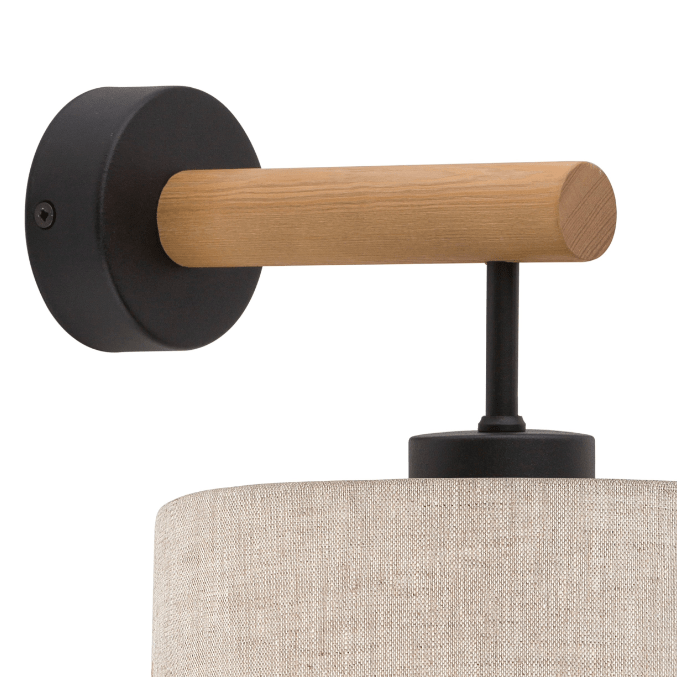 Drewniany kinkiet boho Eco z materiałowym abażurem rozświetlający wnętrze ciepłym blaskiem