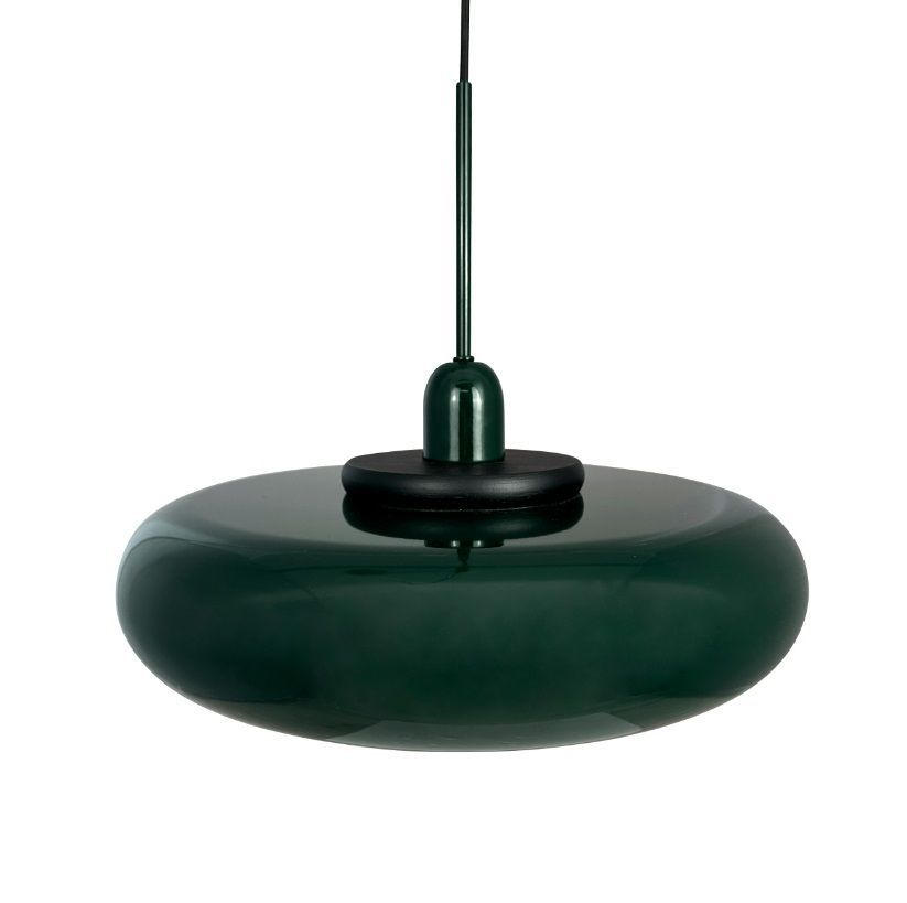 Wisząca lampa Planet w ciemnozielonym kolorze z płaskim kloszem nad stół
