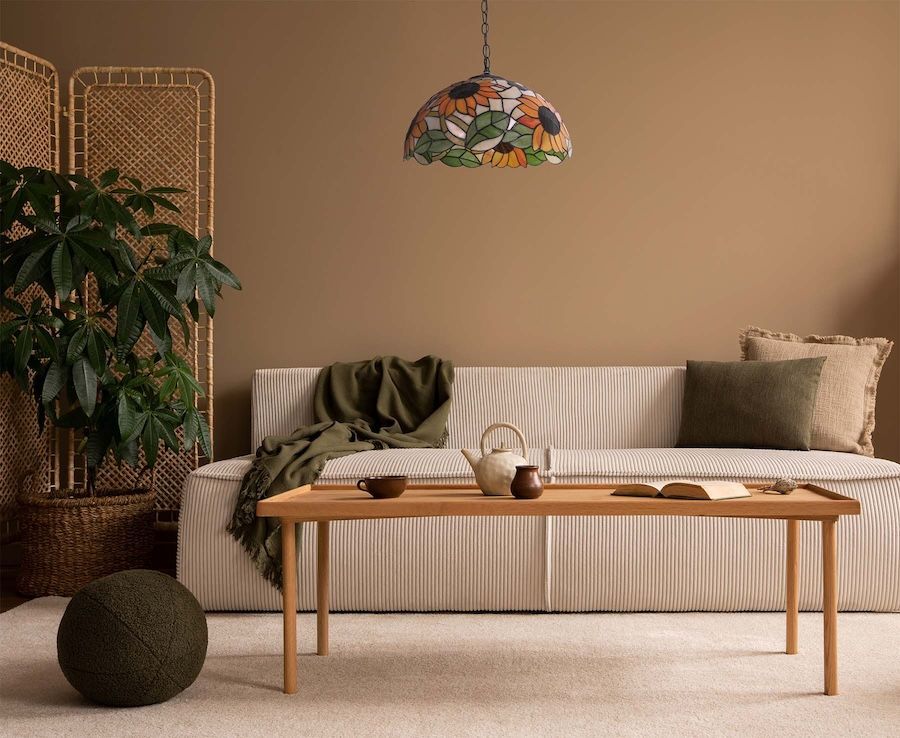 Wiszący żyrandol witrażowy Sunflower inspirowany słonecznikami w stylu Tiffany