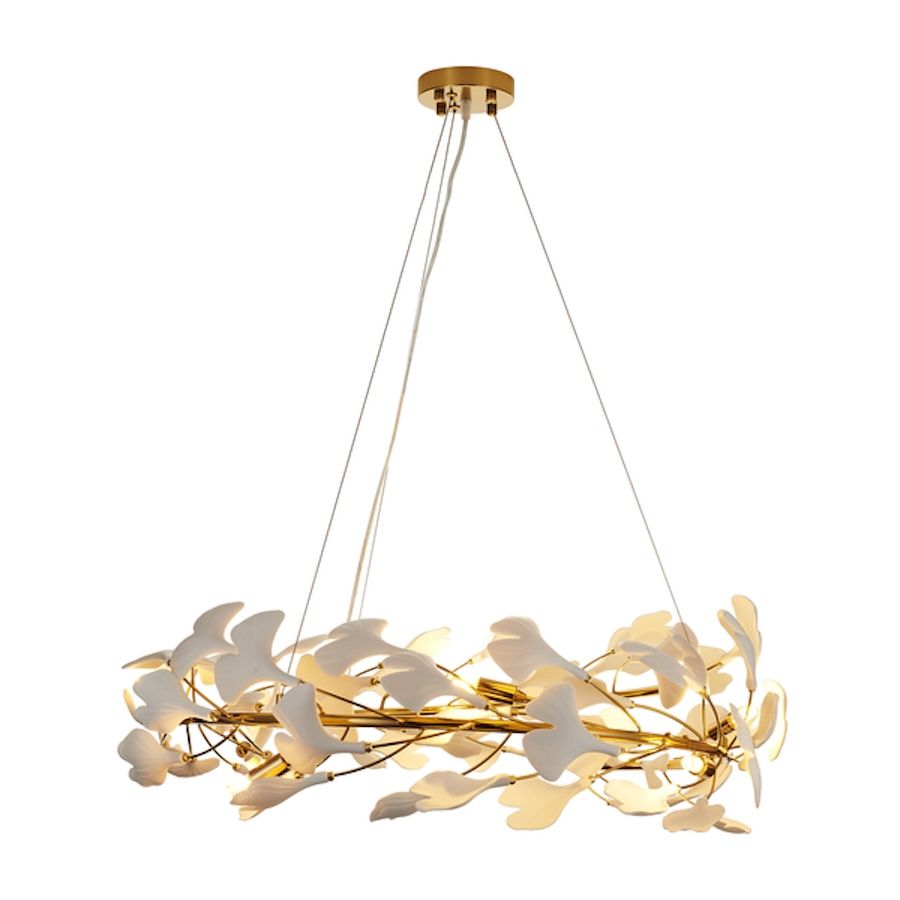 Złota wisząca lampa Botanika 80 z białymi ceramicznymi listkami