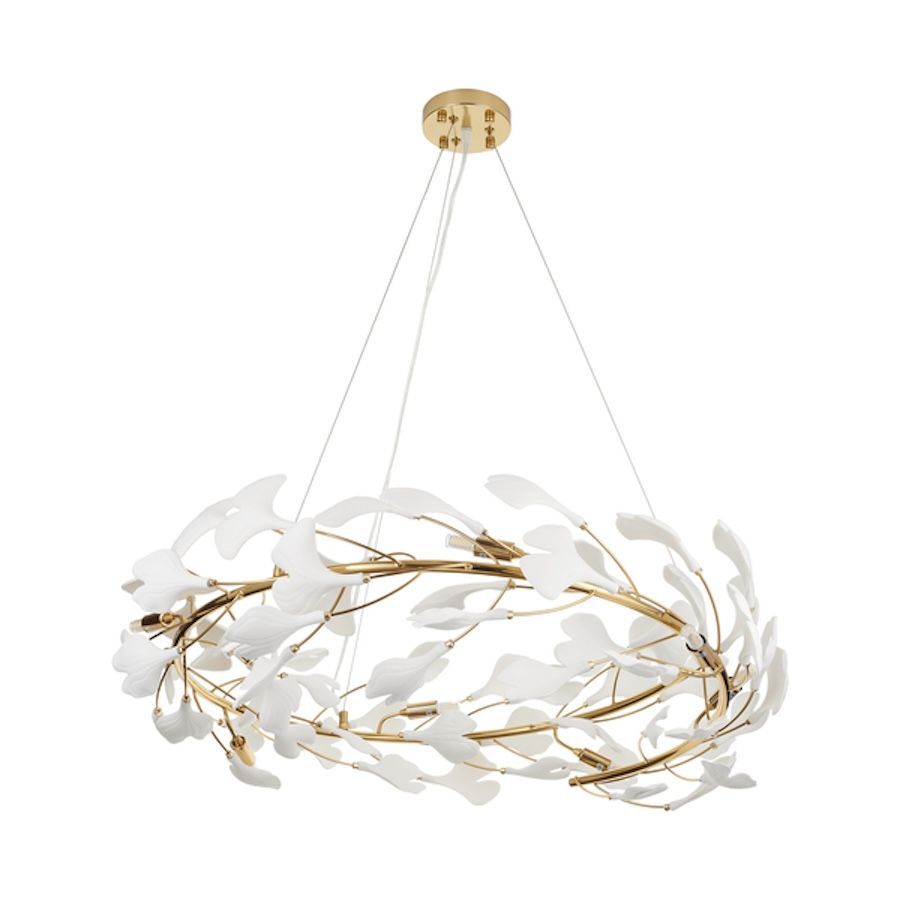 Złota wisząca lampa Botanika 80 z białymi ceramicznymi listkami