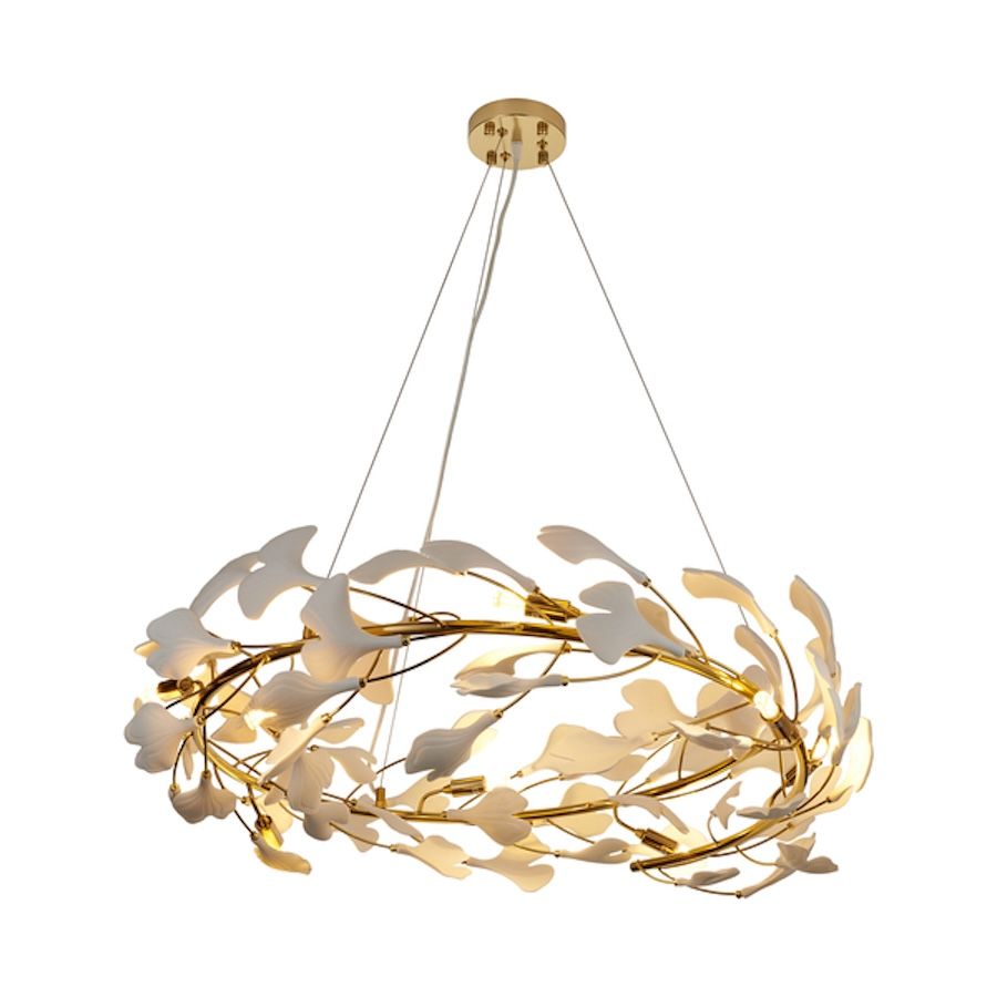 Złota wisząca lampa Botanika 80 z białymi ceramicznymi listkami