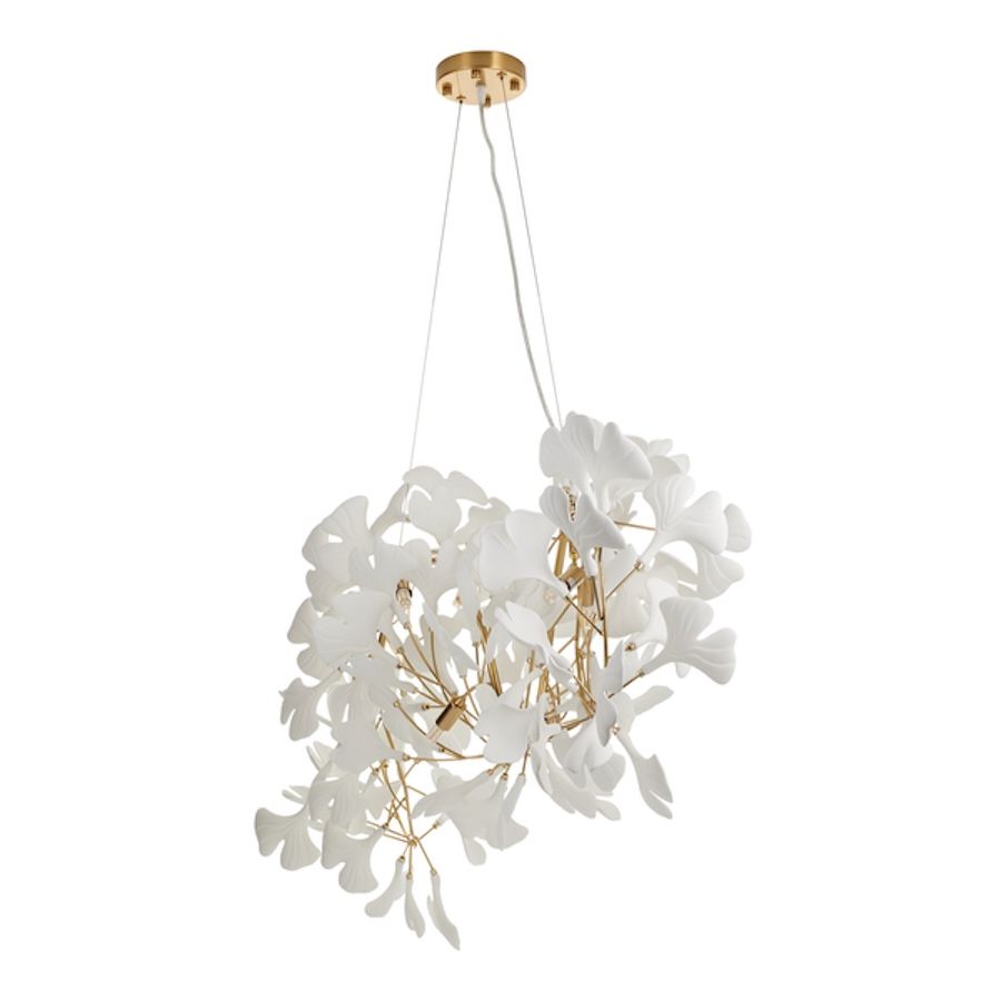 Złoty żyrandol Botanika Wave 135 z białymi ceramicznymi listkami
