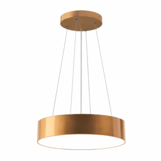 Mały żyrandol Sengo w złotym kolorze z okrągłą podstawą sufitową i cylindrycznym kloszem na linkach.