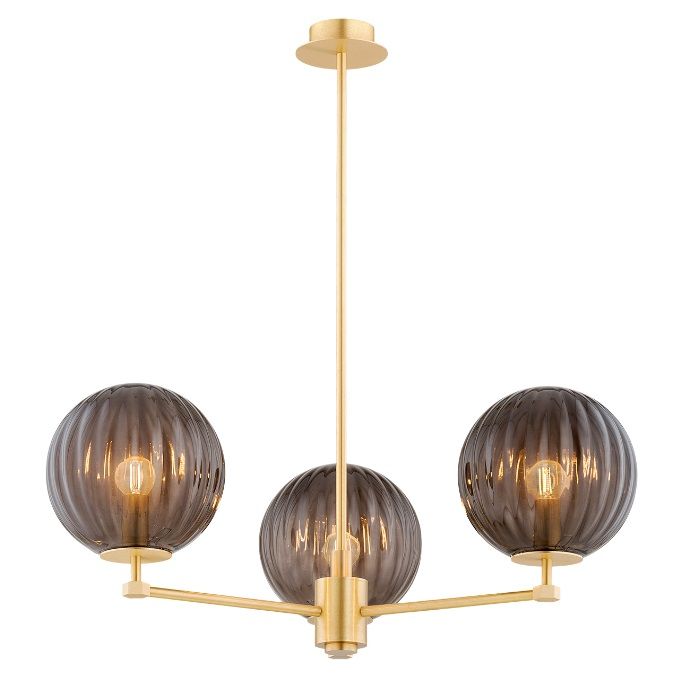 Mosiężny żyrandol Paloma z trzema szarymi dymionymi kulami wykonanymi z ryflowanego szkła
