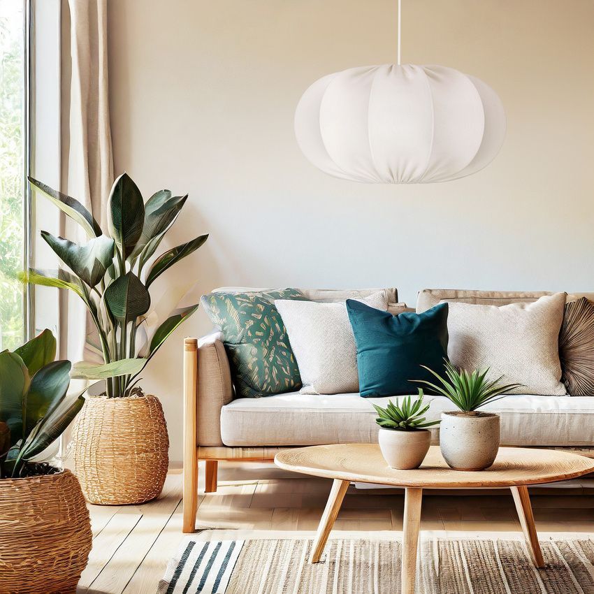 Plisowany, materiałowy żyrandol w kolorze białym Cafee Latte