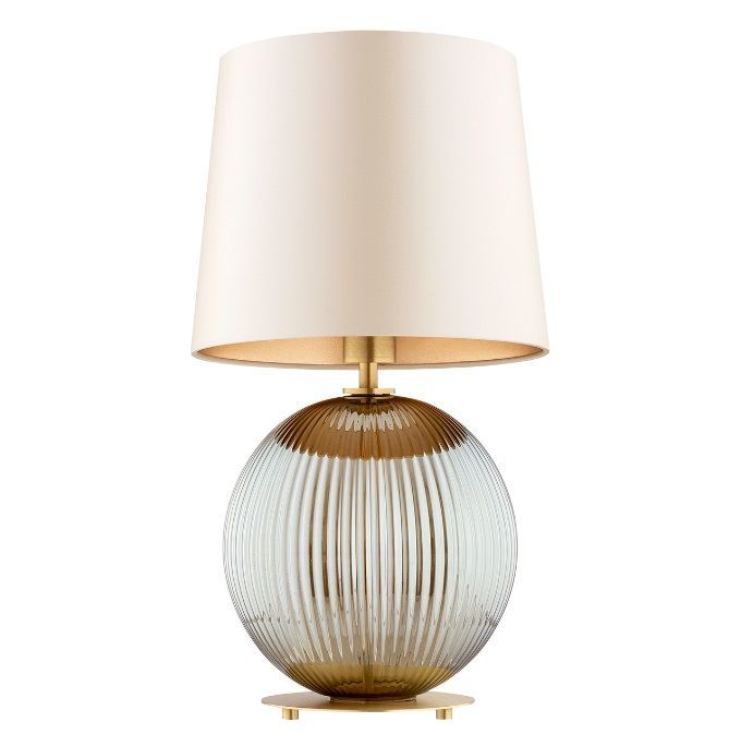 Szara lampa stołowa Hamilton z ryflowaną podstawą i beżowym abażurem