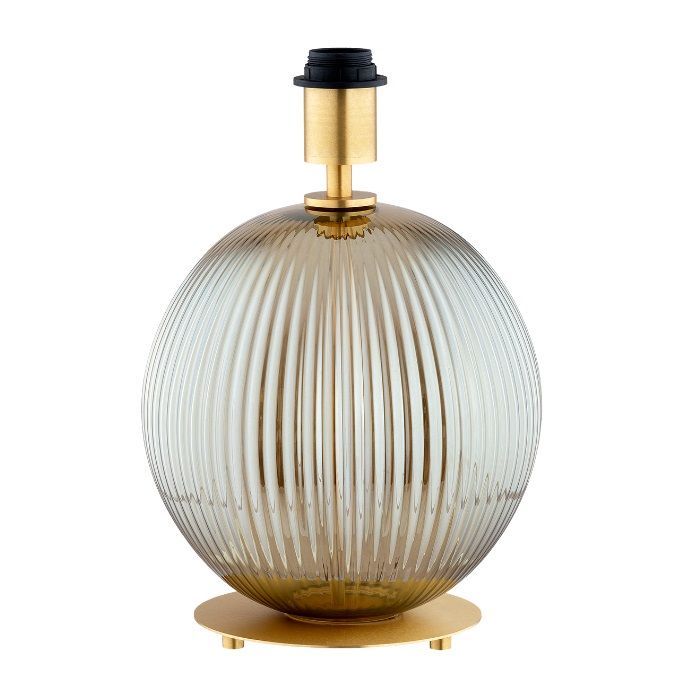 Szara lampa stołowa Hamilton z ryflowaną podstawą i beżowym abażurem