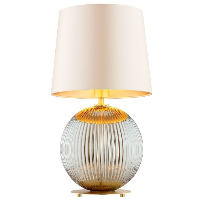 Szara lampa stołowa Hamilton z ryflowaną podstawą i beżowym abażurem