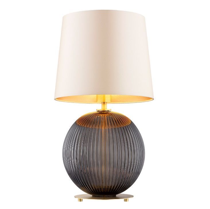 Szara lampa stołowa Hamilton z ryflowaną podstawą i satynowym abażurem