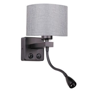 Szary kinkiet ścienny z tekstylnym abażurem, czarną podstawą z przyciskami i dodatkowym elastycznym światłem LED.