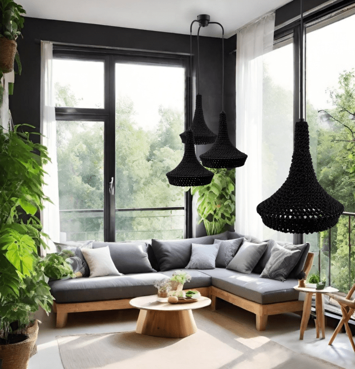 Szydełkowana lampa wisząca Mahaka z białej bawełny w stylu wabi-sabi