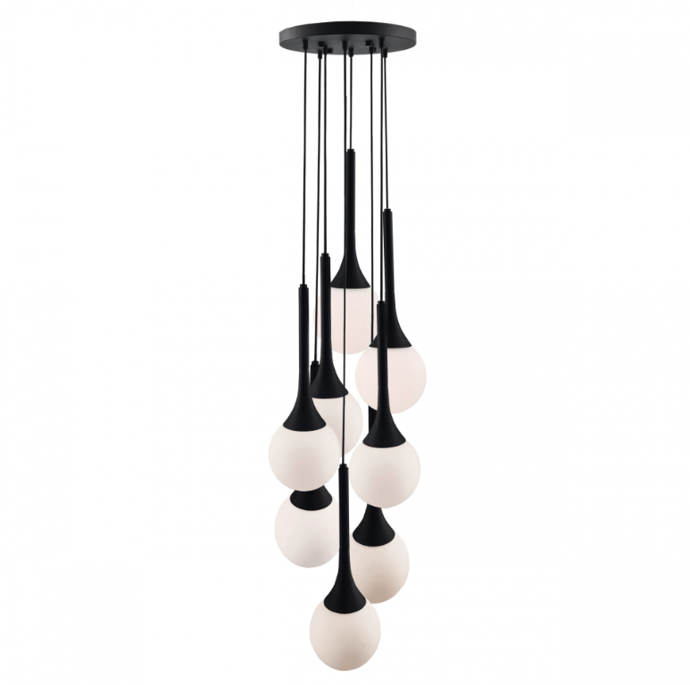 Wisząca lampa Jun 8 z czarno-białymi kloszami do antresoli