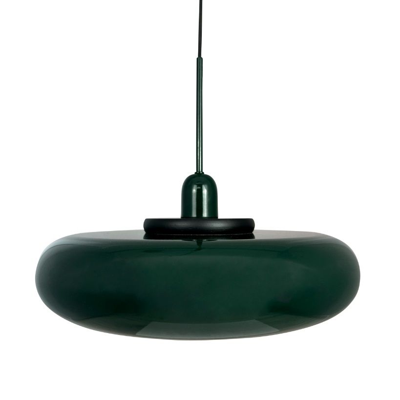 Wisząca lampa Planet w ciemnozielonym kolorze z płaskim kloszem nad stół
