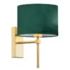 Zielony welurowy kinkiet abażurowy Abbano w odcieniu złotego mosiądzu do sypialni. Elegancka lampa ścienna z cylindrycznym kloszem i regulowanym ramieniem. Stylowe oświetlenie w szmaragdowym kolorze do wnętrz typu glamour.