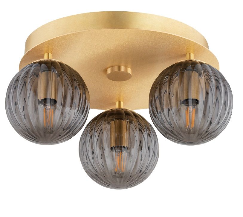 Złoty sufitowy żyrandol Paloma z trzema szklanymi, dymionymi kulami w stylu glamour