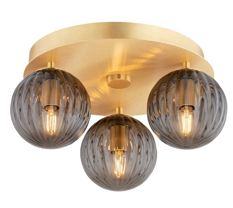 Złoty sufitowy żyrandol Paloma z trzema szklanymi, dymionymi kulami w stylu glamour