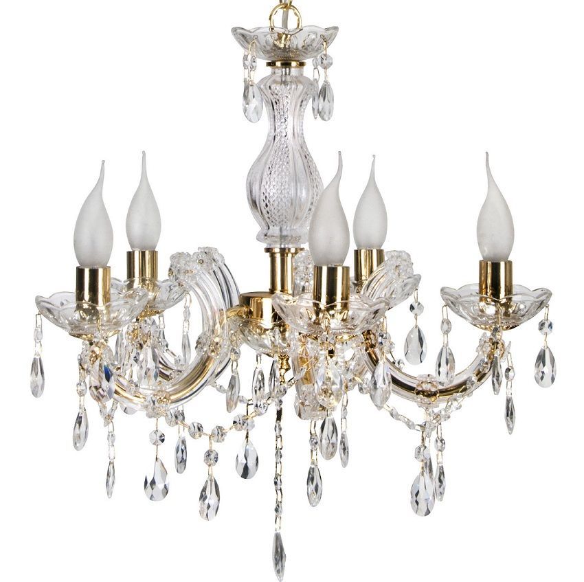 Złoty świecznikowy żyrandol Maria Teresa z pięcioma ramionami i kryształkami