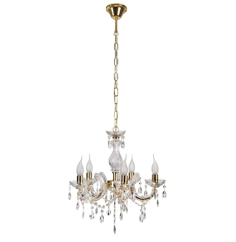 Złoty świecznikowy żyrandol Maria Teresa z pięcioma ramionami i kryształkami