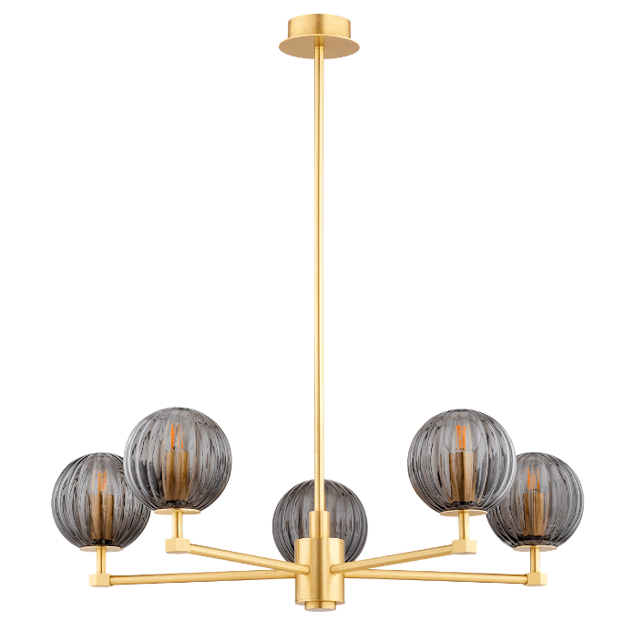 Złoty żyrandol w stylu art deco Paloma z pięcioma przydymionymi kulami, idealny do sypialni – mosiądz