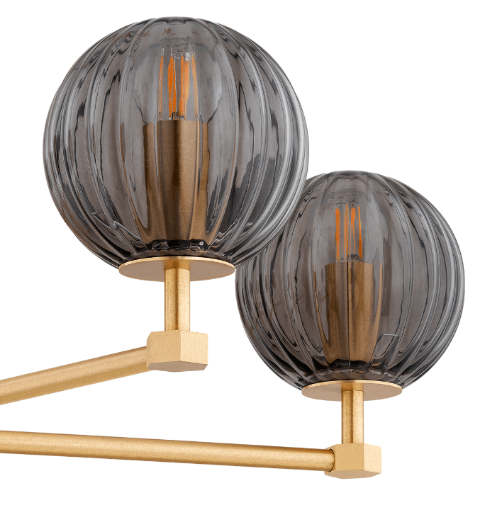 Złoty żyrandol w stylu art deco Paloma z pięcioma przydymionymi kulami, idealny do sypialni – mosiądz