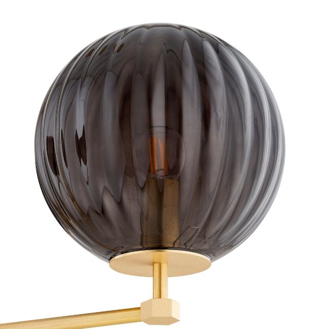 Złoty żyrandol w stylu art deco Paloma z pięcioma przydymionymi kulami, idealny do sypialni – mosiądz