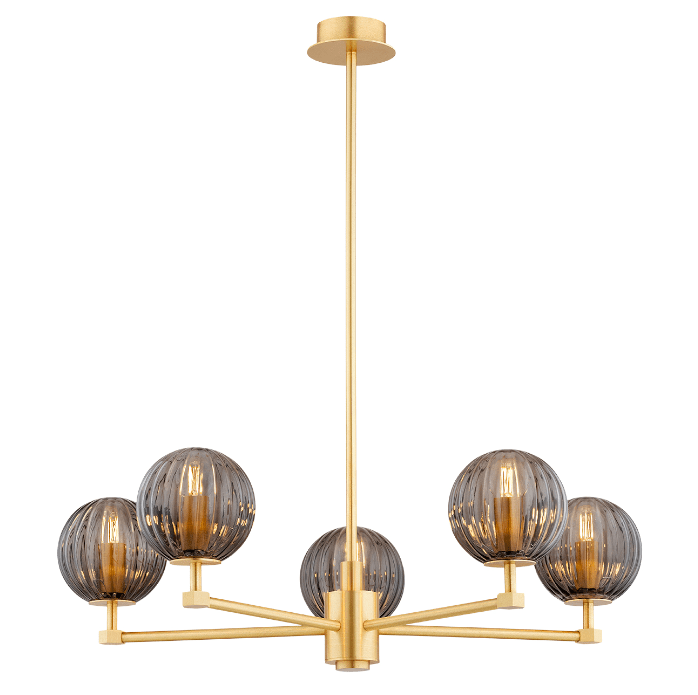 Złoty żyrandol w stylu art deco Paloma z pięcioma przydymionymi kulami, idealny do sypialni – mosiądz