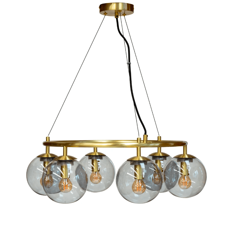 Złoty żyrandol w wyrafinowanym stylu Arp z przyciemnianymi szklanymi kloszami