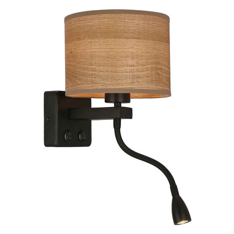 kinkiet polo z abazurem w drewnopodobnym wykonczeniu i wbudowanym oswietleniem led